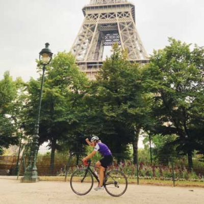Fit with Judith client cycles to Paris, seen here in front of the Eiffel tower Fit with Judith client cycles to Paris, seen here in front of the Eiffel tower